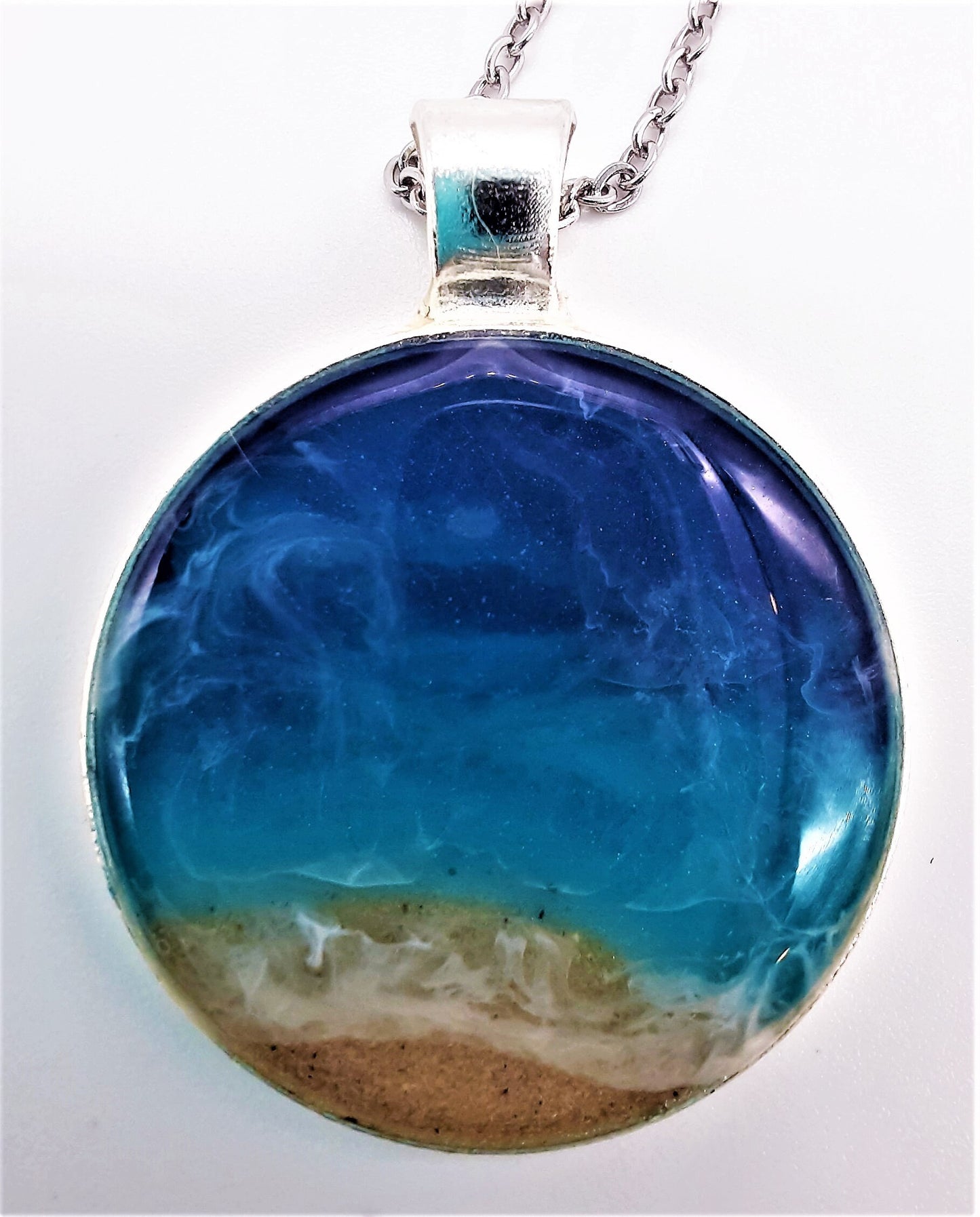 Resin Waves Round Shaped Ocean Pendant / Beach Scene Necklace, Handmade Made with Resin & Real Sand - One of a Kind - Not a Photograph!