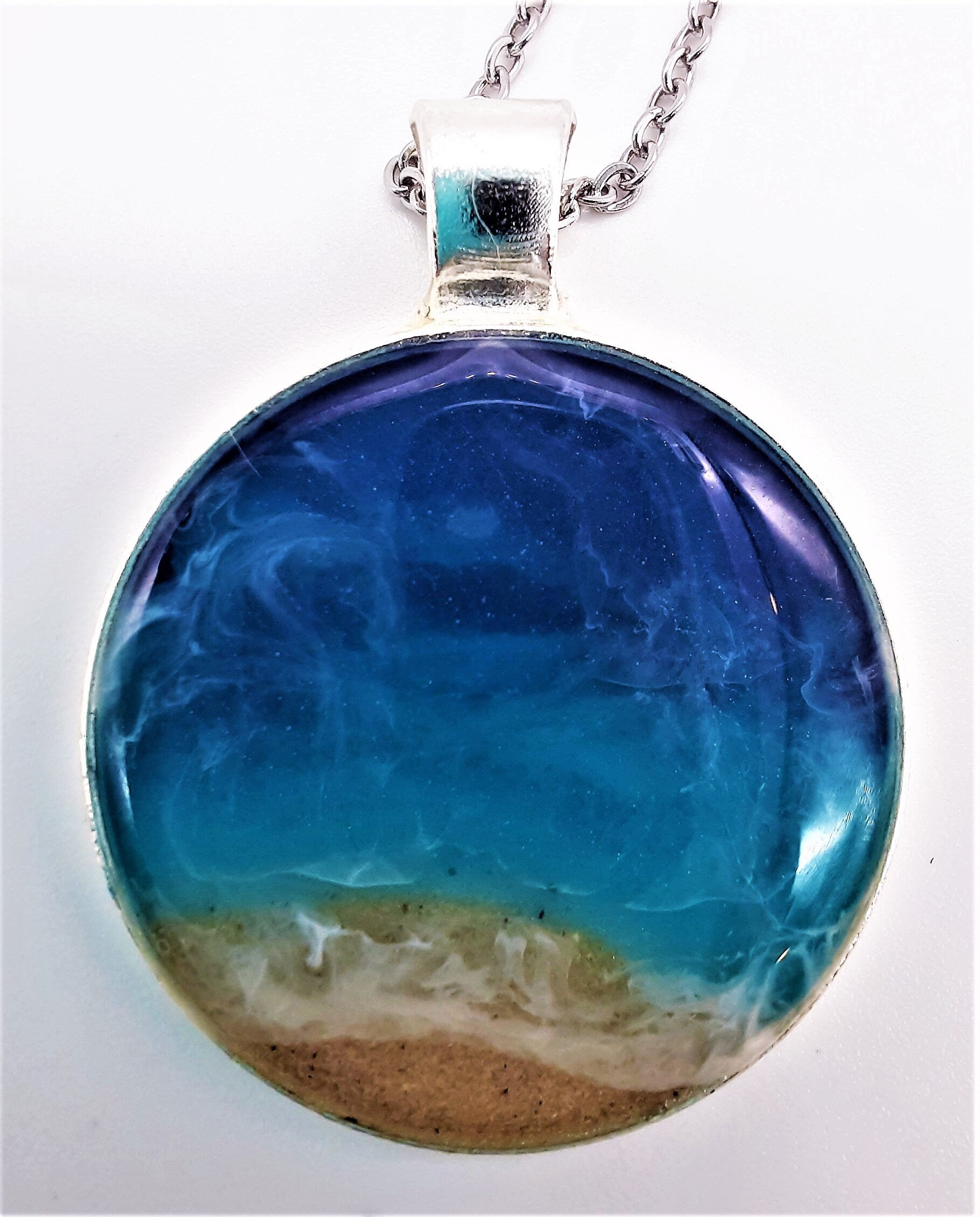 Resin Waves Round Shaped Ocean Pendant / Beach Scene Necklace, Handmade Made with Resin & Real Sand - One of a Kind - Not a Photograph!