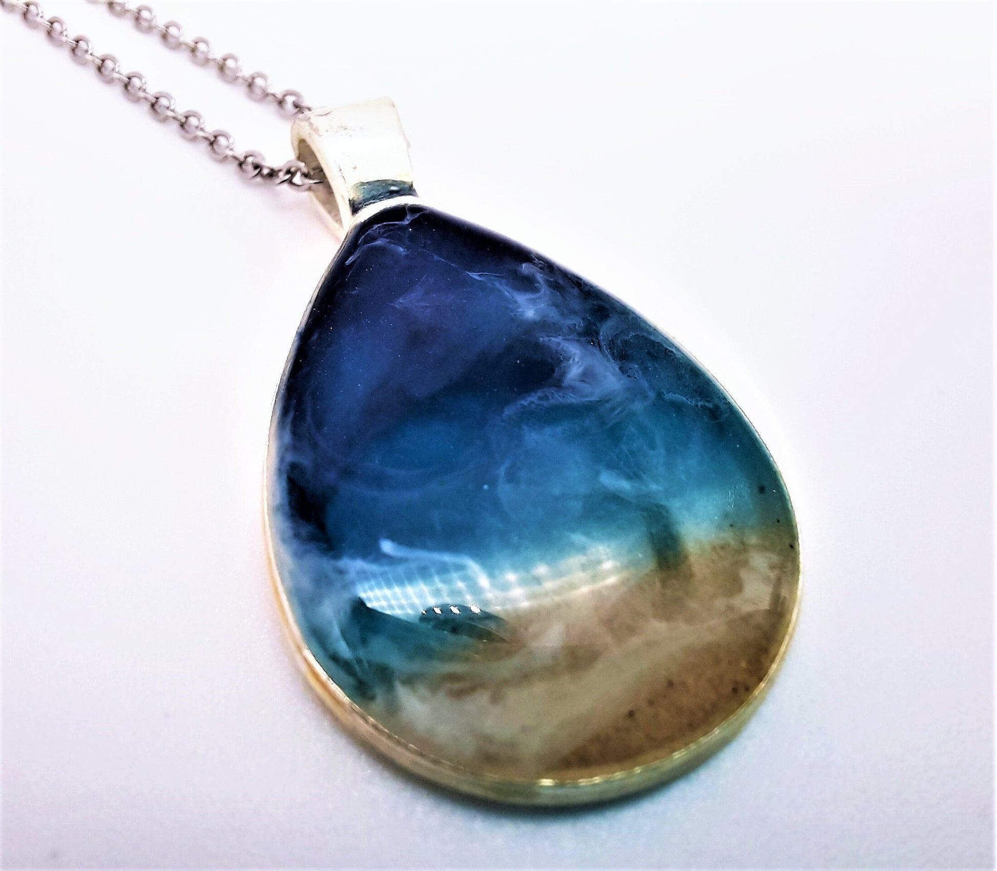 Resin Waves Teardrop Shaped Ocean Pendant / Beach Scene Necklace, Handmade with Resin and Real Sand - One of a Kind - Not a Photograph