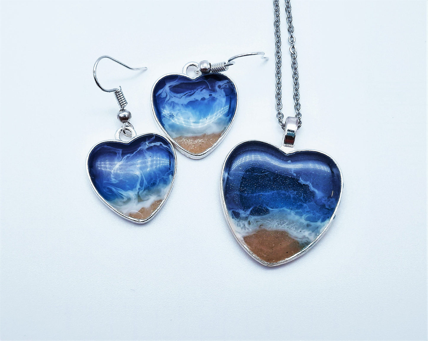 Resin Waves / Heart Shaped Ocean Earring and Necklace Set / Beach Scene / Made with Sand, Resin, Mica, & Hypoallergenic Stainless Steel