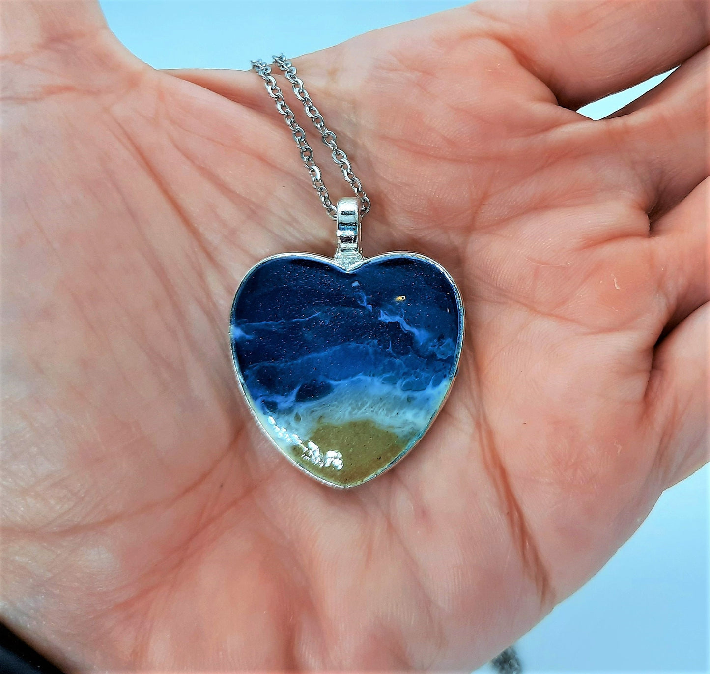 Resin Waves / Heart Shaped Ocean Earring and Necklace Set / Beach Scene / Made with Sand, Resin, Mica, & Hypoallergenic Stainless Steel