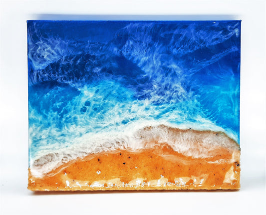 Handpainted Eco-Friendly Epoxy Resin Seascape Coastal Beach Scene, Shades of Blue, Made w/ Sand, Painted on 8" x 10" Stretched Canvas