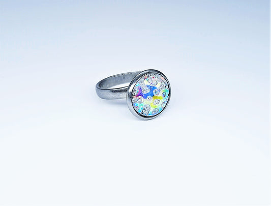 Handcrafted / Handmade Iridescent White Pearlescent Resin Ring, Hypoallergenic Silver Stainless Steel, Adjustable Band