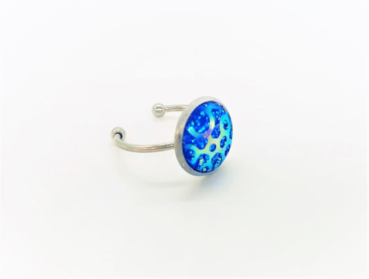 Handcrafted / Handmade Iridescent Blue Resin Hypoallergenic Silver Stainless Steel Cuff Finger Ring, Size 7