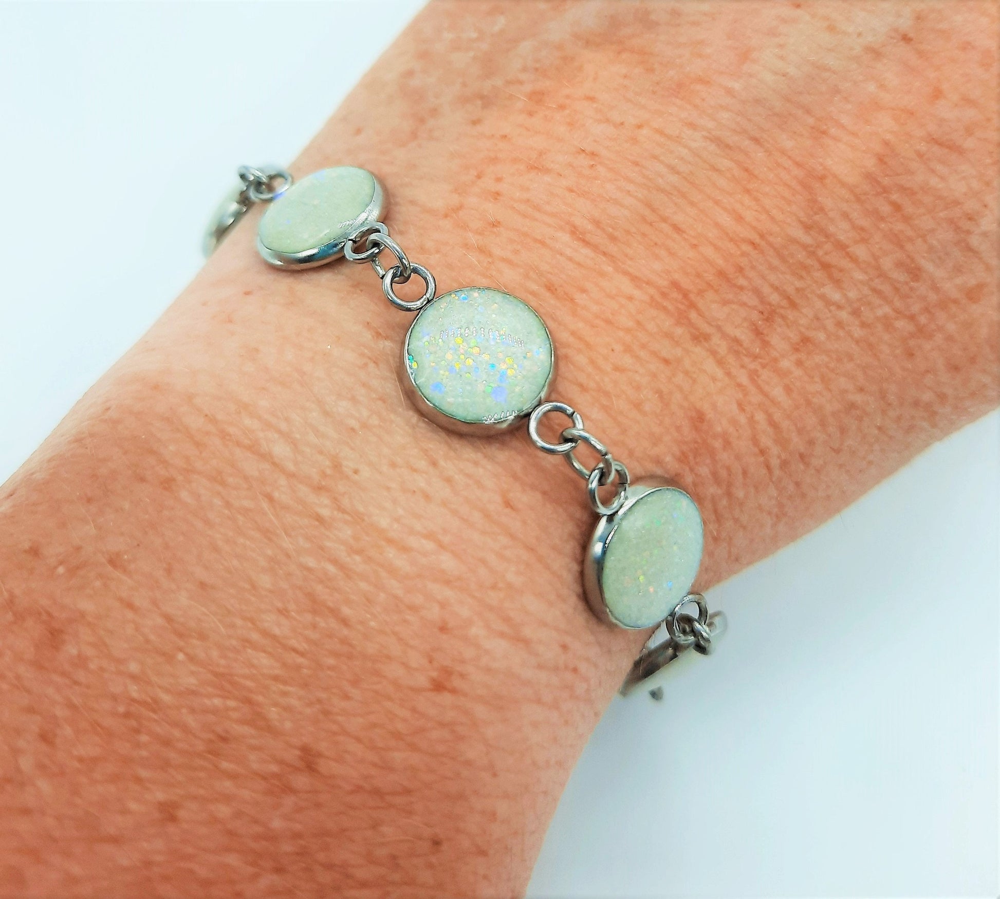 Handcrafted / Handmade Opal (like) Sparkle Resin Link Bracelet - Made with Resin, Mica, Iridescent Glitter, & Holographic Powder