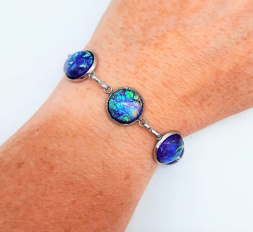 Handcrafted Iridescent Purple Glass Cabochon Link Bracelet / Adjustable / Hypoallergenic Silver Stainless Steel / Lobster Claw Closure