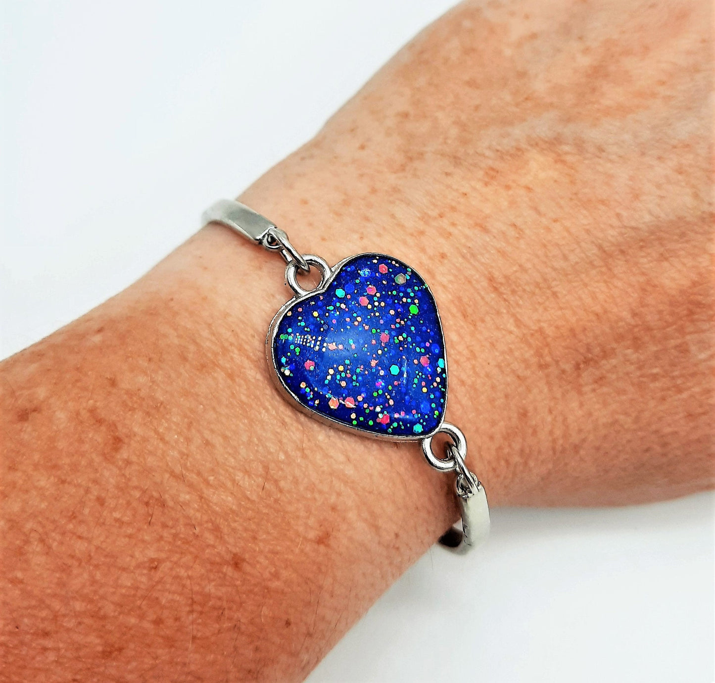 Handcrafted Iridescent Blue Heart Adjustable Bangle Bracelet-Made with Resin, Glitter, & Holographic Powder-Hypoallergenic Stainless Steel