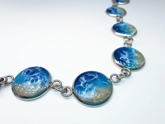 Resin Waves Ocean Bracelet / Beach Scene, Silver Stainless Steel Link Bracelet, Made with Real Sand, Resin, and Mica - NOT PHOTOGRAPHS!