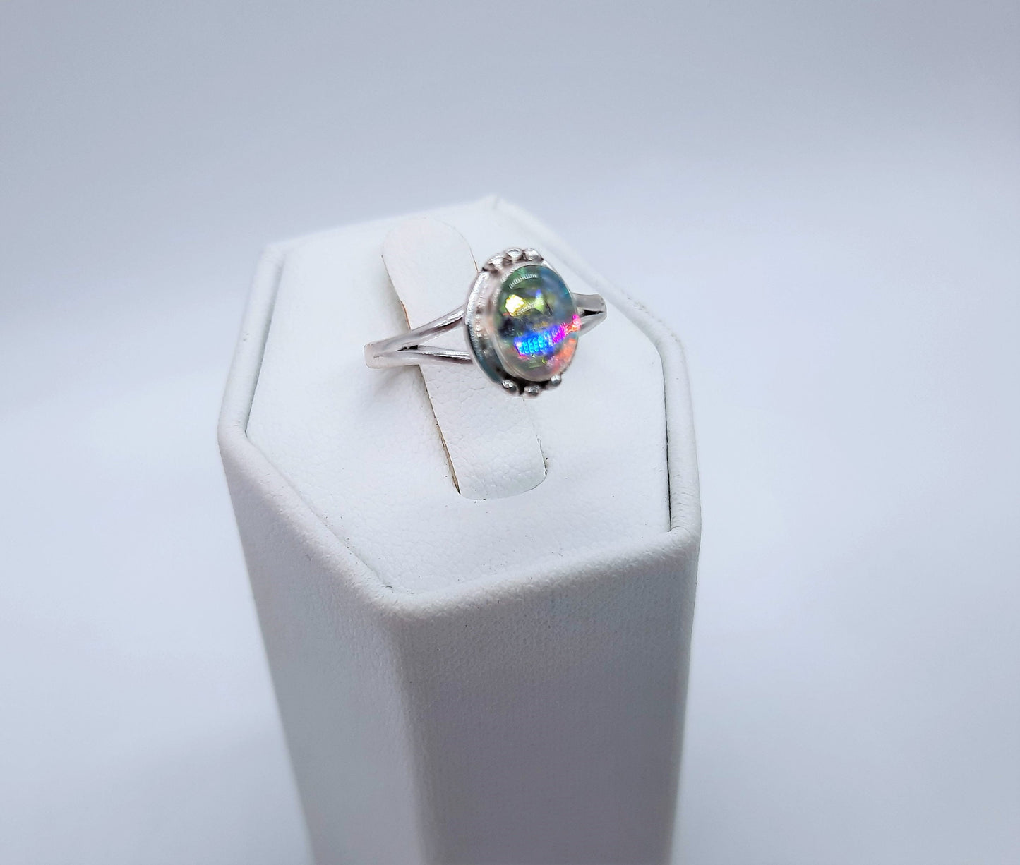 Handcrafted / Handmade Intricate Oval Design 925 Sterling Silver Iridescent Aurora Borealis Ring, Sealed with a Resin Dome