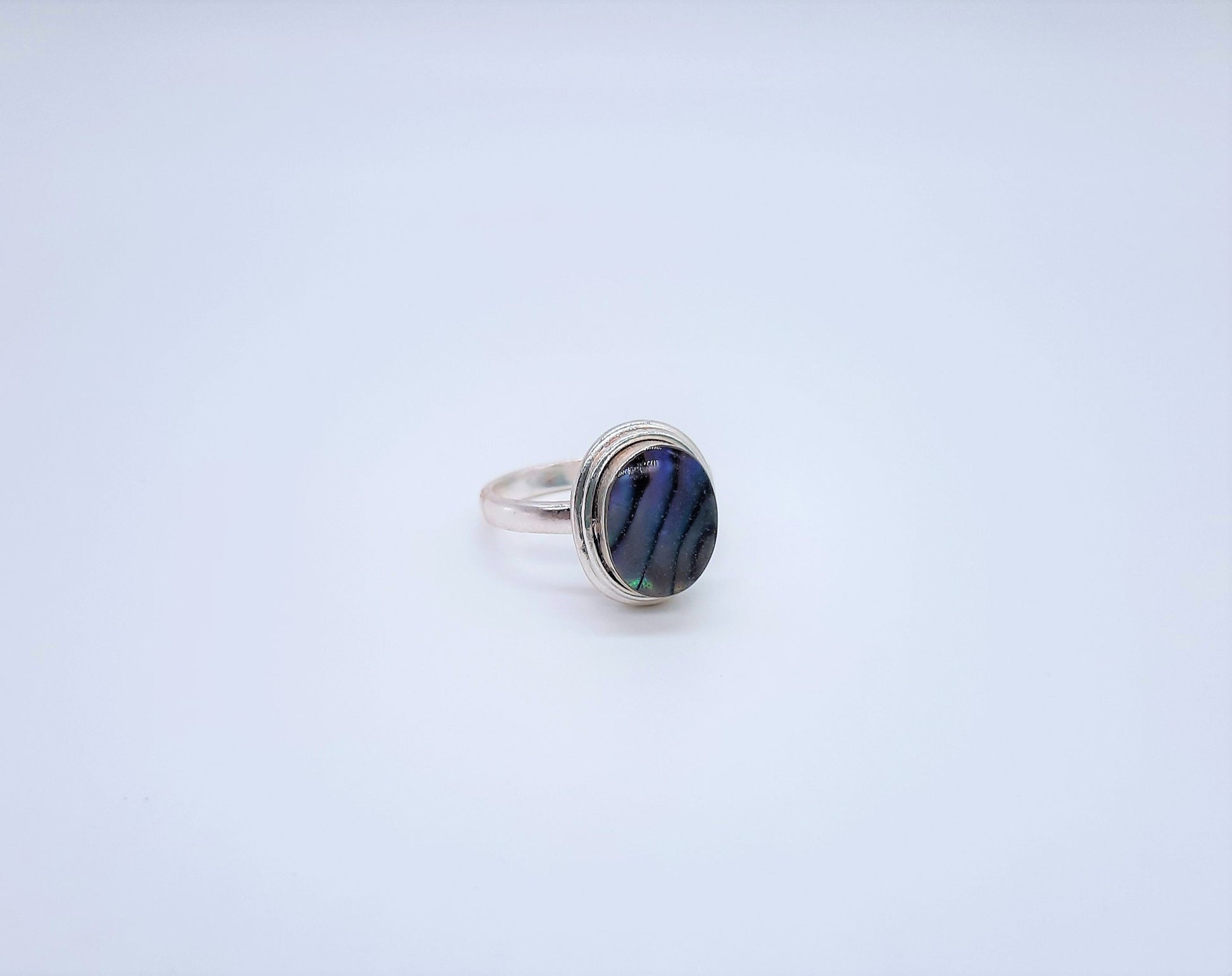 Handmade / Handcrafted 925 Sterling Silver Natural Purple Abalone / Paua Seashell Ring, Oval, Sealed with Holographic Mica Infused Resin