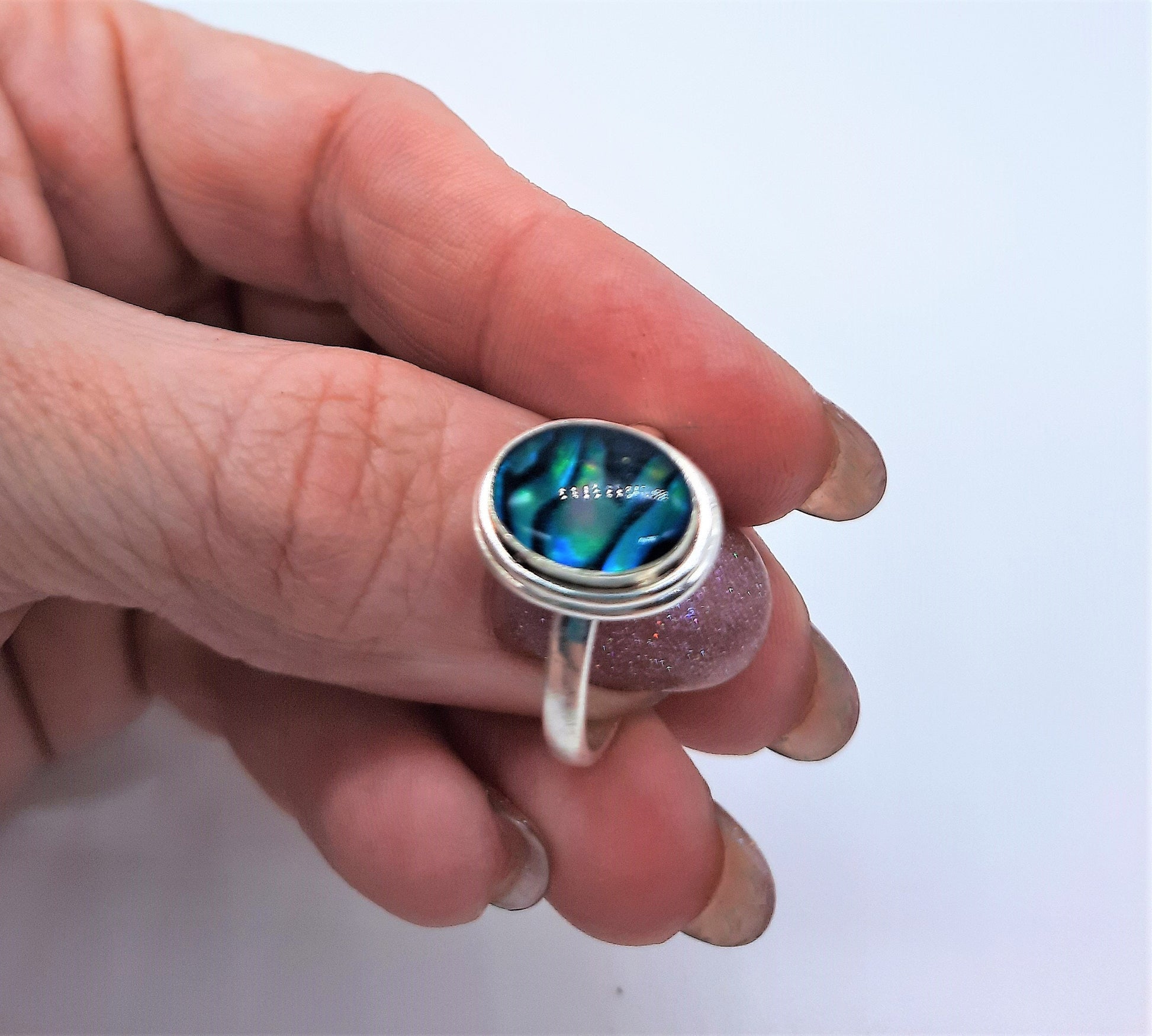 Handmade / Handcrafted 925 Sterling Silver Natural Blue Abalone / Paua Seashell Ring, Oval, Sealed with Holographic Mica Infused Resin