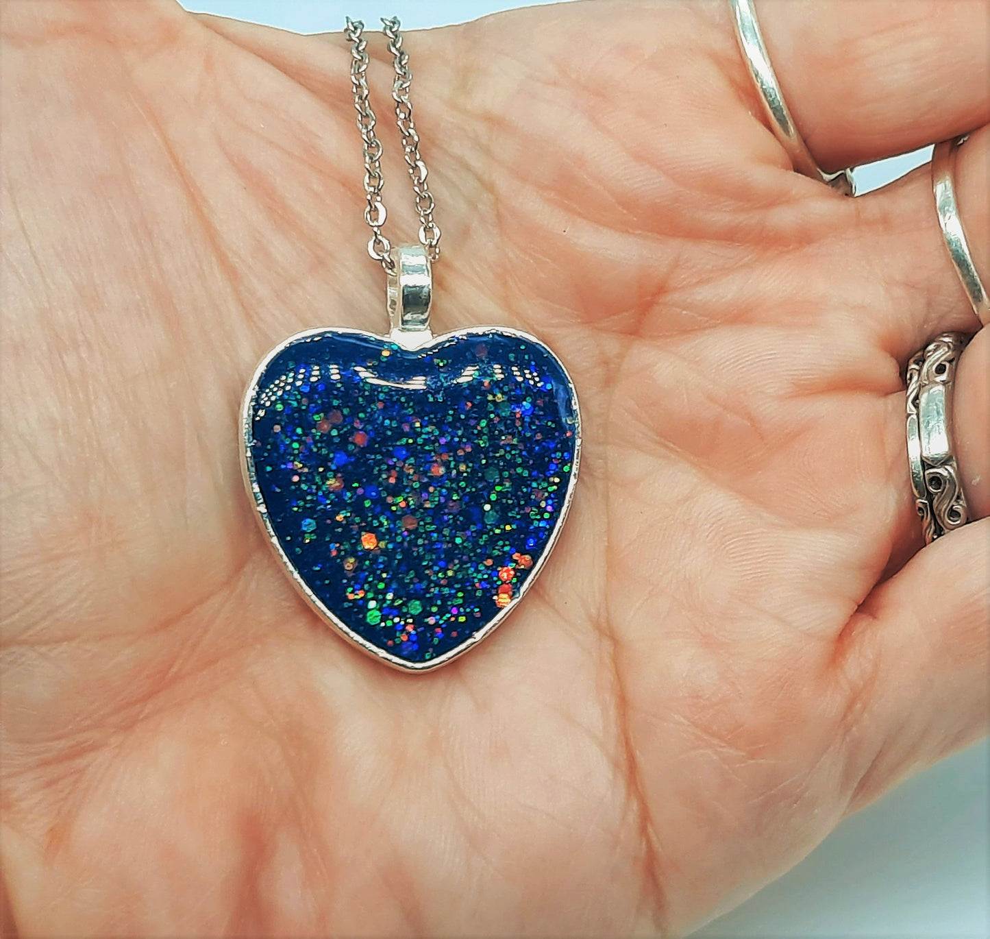Glitter Sparkle Resin Heart Pendant Necklace / Made with Resin, Mica, Glitter, Glow-in-the-Dark Pigment, Stainless Steel