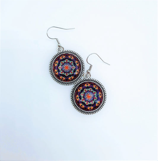 Handcrafted Tibetan Style Rainbow Mandala Pattern Design - Glass Cabochon Stainless Steel Dangle Earrings - Hypoallergenic - Stainless Steel