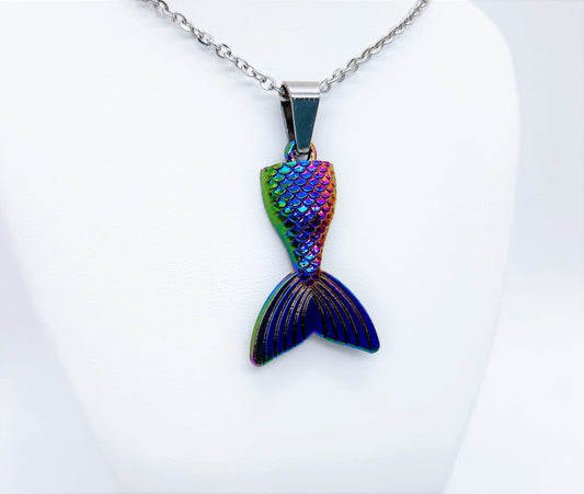 Rainbow Chromium Metal Mermaid Tail Pendant Necklace - Stainless Steel Hypoallergenic Chain - Lobster Claw Closure - Alloy Pendant