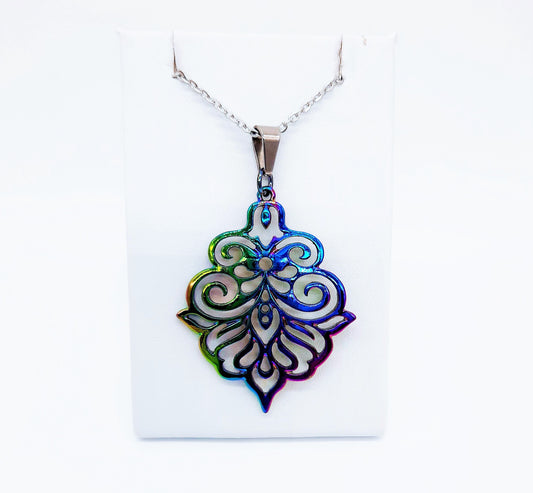 Rainbow Chromium Ornate Mandala Pendant Necklace - Tibetan Style - Comes with 18" Stainless Steel Chain - Hypoallergenic