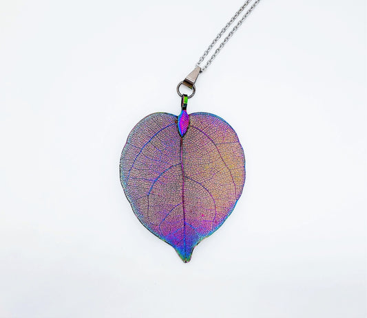 Rainbow Chromium Leaf Pendant Necklace - Comes with 18" Stainless Steel Chain - Hypoallergenic