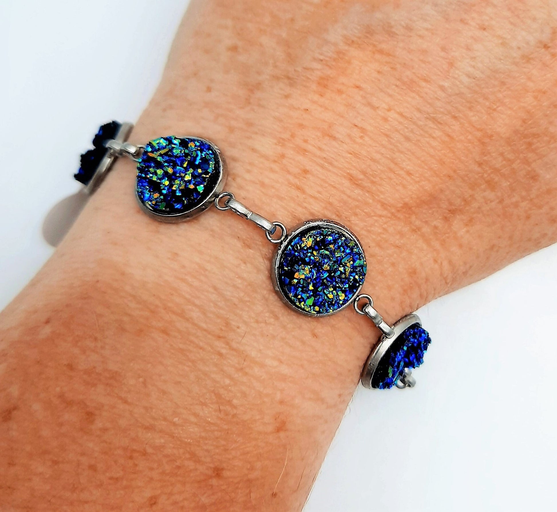 Handcrafted Iridescent Blue - Green Druzy Stone Link Bracelet - Hypoallergenic Silver Stainless Steel - Adjustable - Lobster Claw Closure