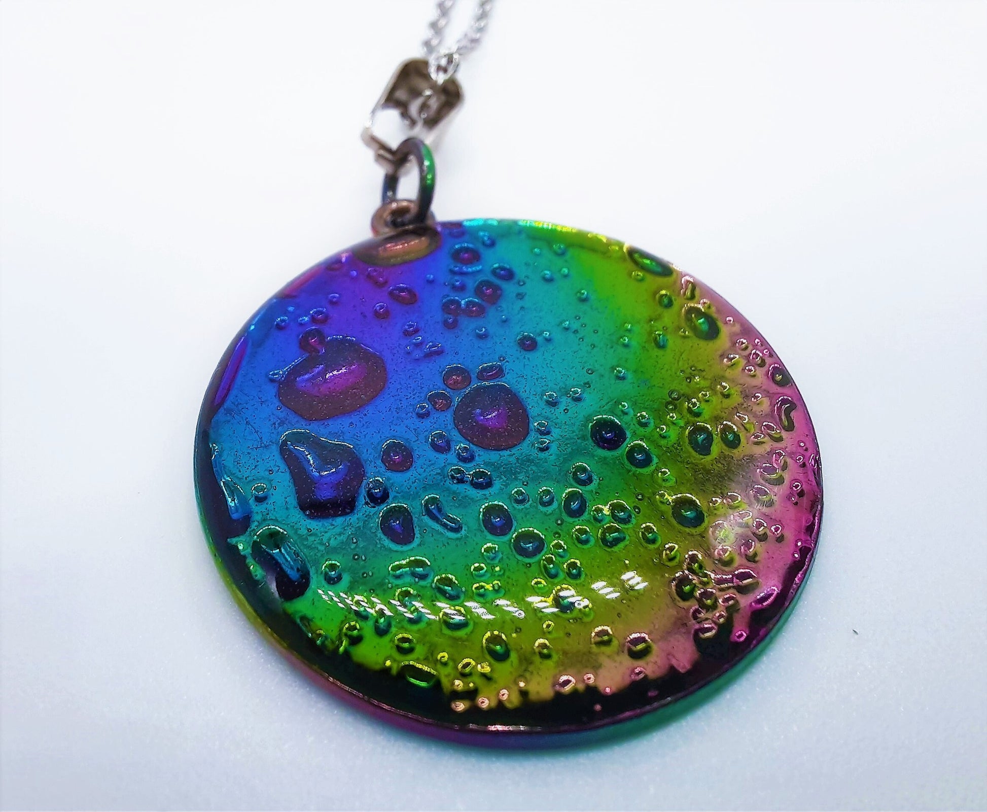 Rainbow Chromium Stainless Steel Moon Pendant Necklace - Hypoallergenic 18" Silver Chain - Covered with Holographic Powder Infused Resin