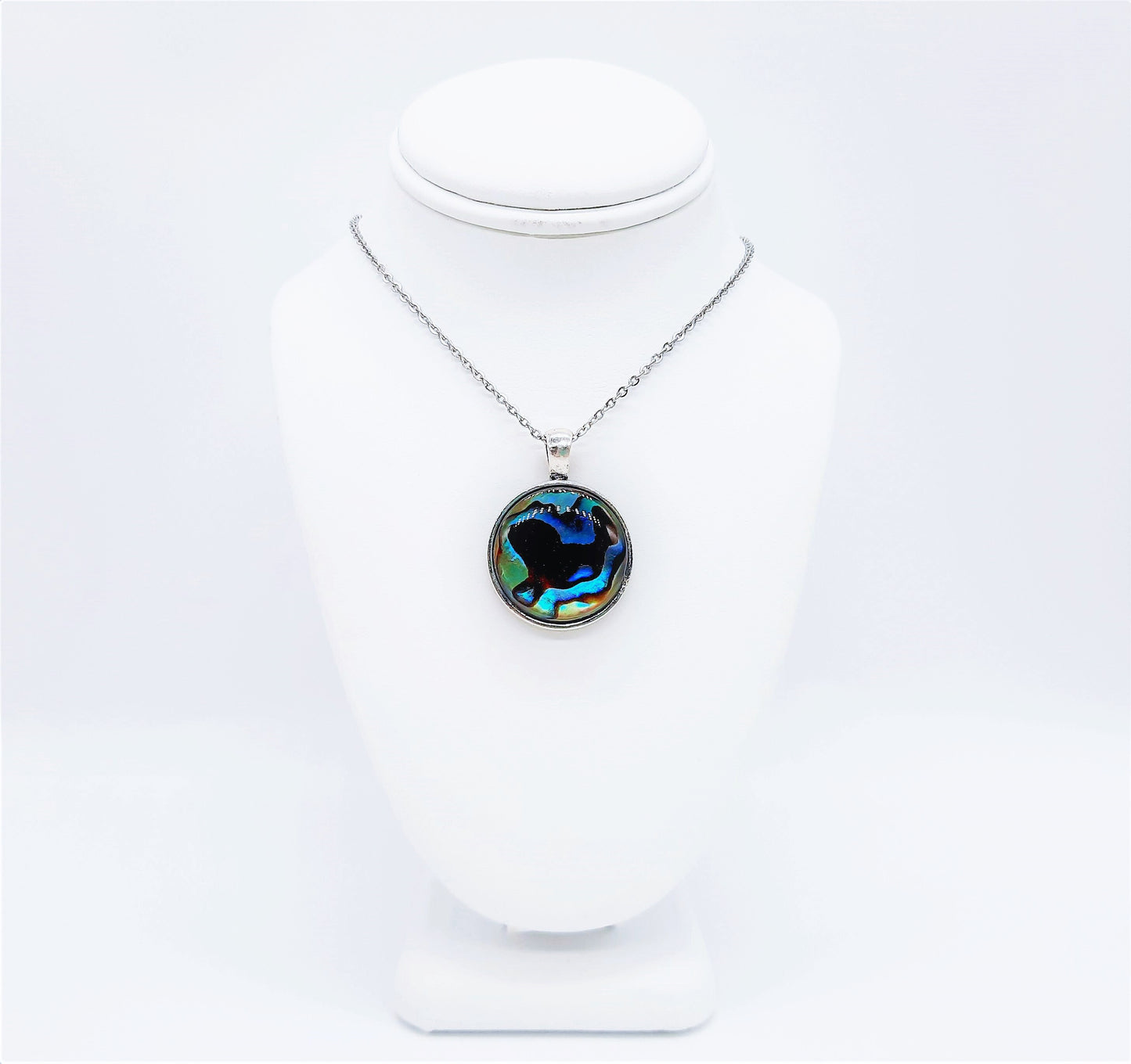 Natural Abalone / Paua Seashell Pendant Necklace - Stainless Steel - Hypoallergenic - Dome Covered with Holographic Powder Infused Resin