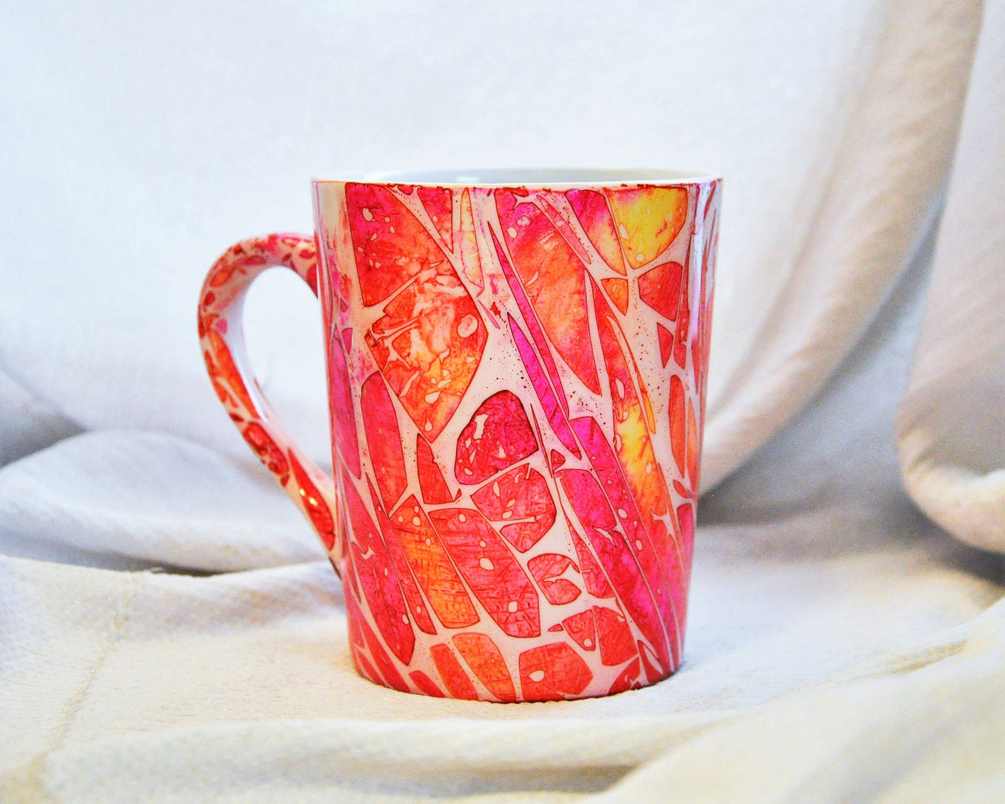 Pink and Yellow Abstract Alcohol Ink 12 oz Ceramic Coffee Mug, Handpainted and Sealed with Resin, One of a Kind, Unique