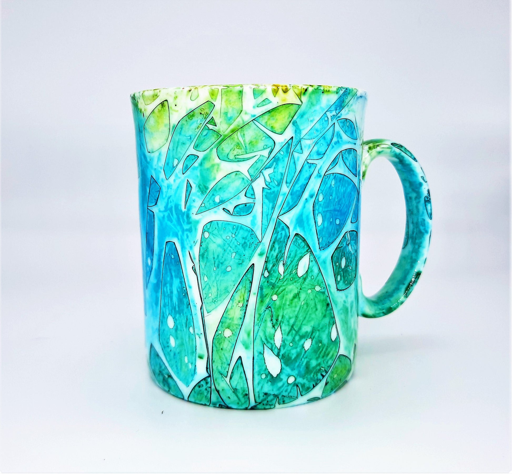Blue & Green Abstract Alcohol Ink 12 oz Ceramic Coffee Mug, Handpainted and Sealed with Resin, One of a Kind, Unique, Bright