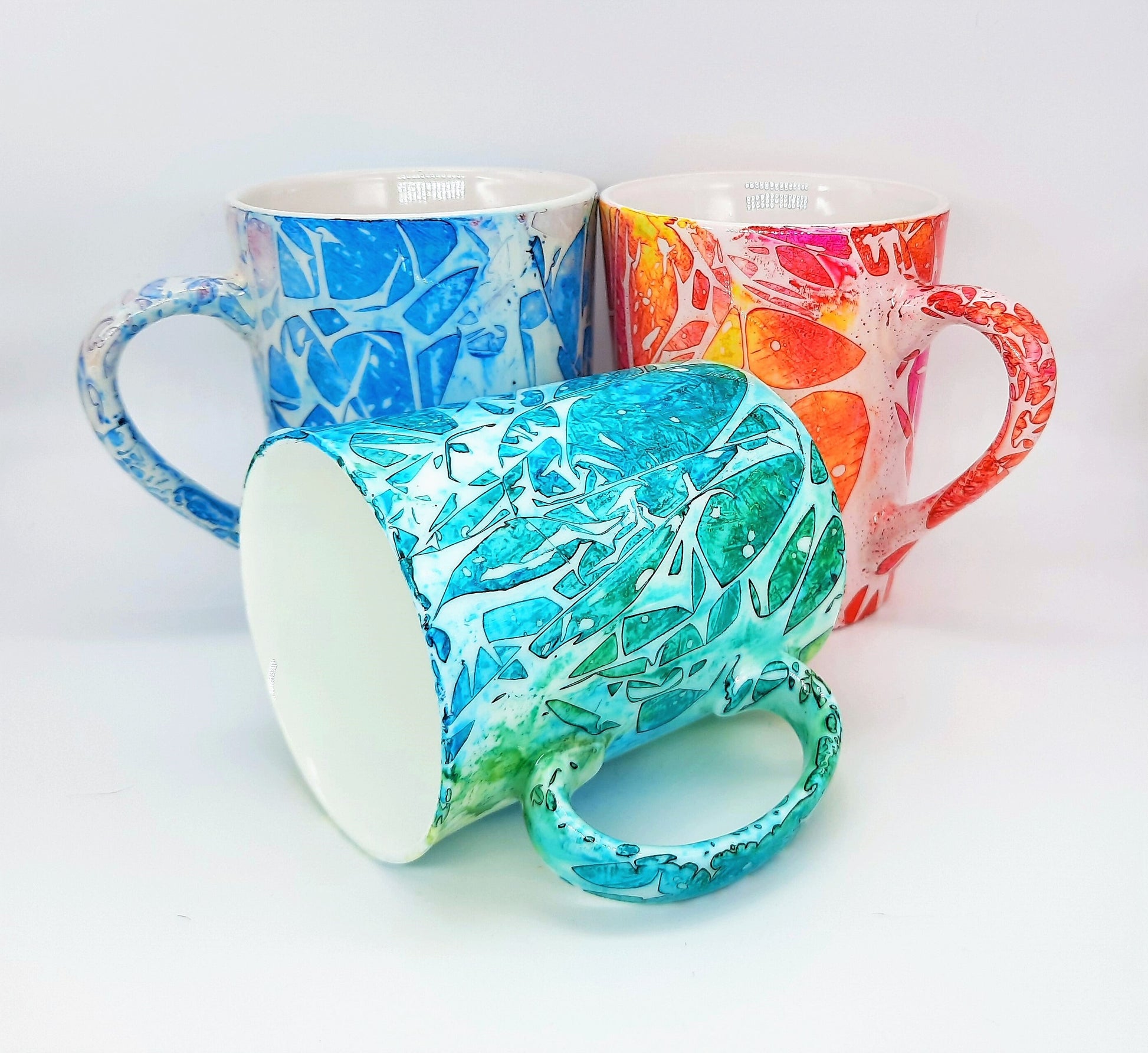 Blue & Green Abstract Alcohol Ink 12 oz Ceramic Coffee Mug, Handpainted and Sealed with Resin, One of a Kind, Unique, Bright