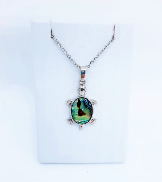 Abalone / Paua Small Sea Turtle Pendant Necklace - Stainless Steel Hypoallergenic Chain-Lobster Claw Closure - Silver-Coated Brass Pendant