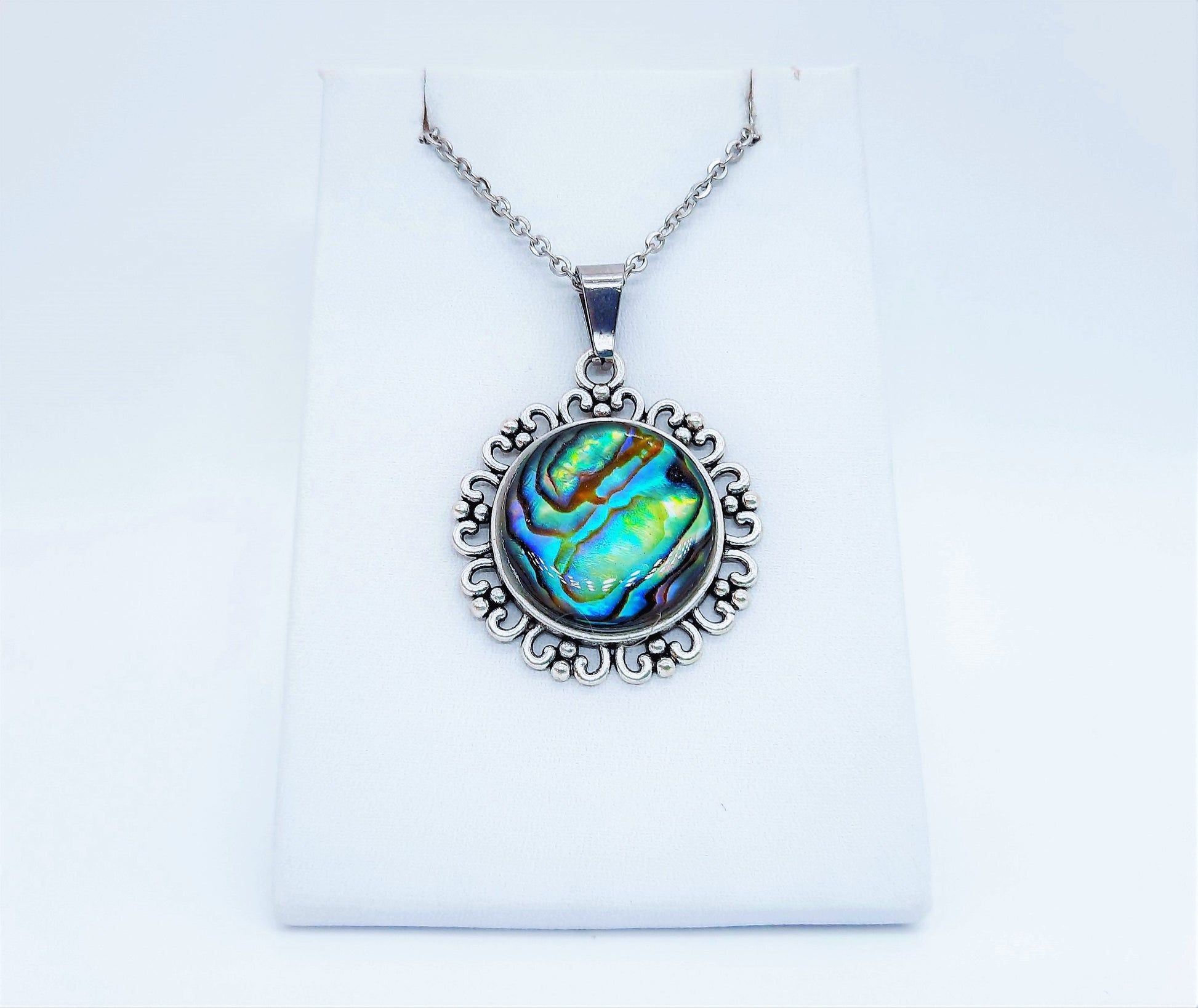 Abalone / Paua Seashell Tibetan Style Pendant Necklace - Stainless Steel - Hypoallergenic - Covered with Holographic Powder Infused Resin