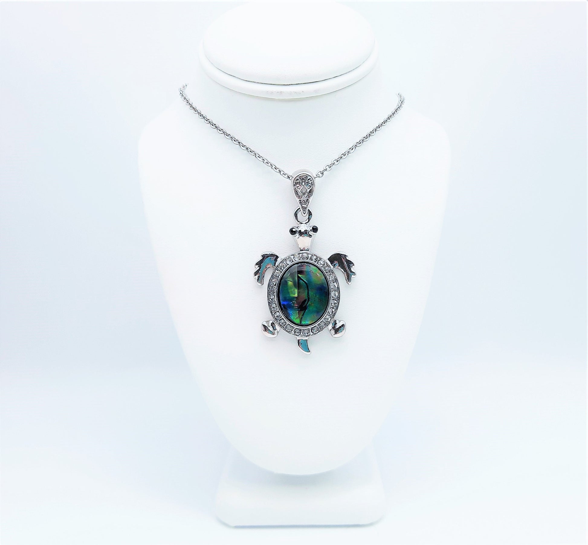 Abalone/Paua Seashell Sea Turtle Pendant Necklace - Stainless Steel Hypoallergenic Chain-Lobster Claw Closure - Silver-Coated Brass Pendant