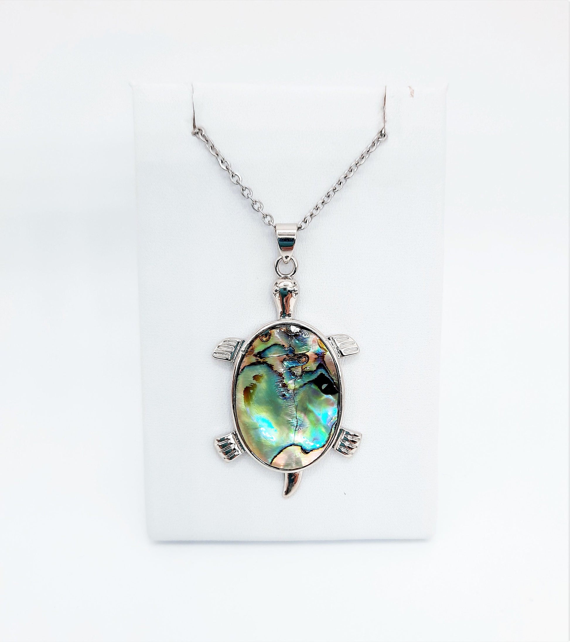 Abalone/Paua Seashell Sea Turtle Pendant Necklace - Stainless Steel Hypoallergenic Chain-Lobster Claw Closure - Silver-Coated Brass Pendant