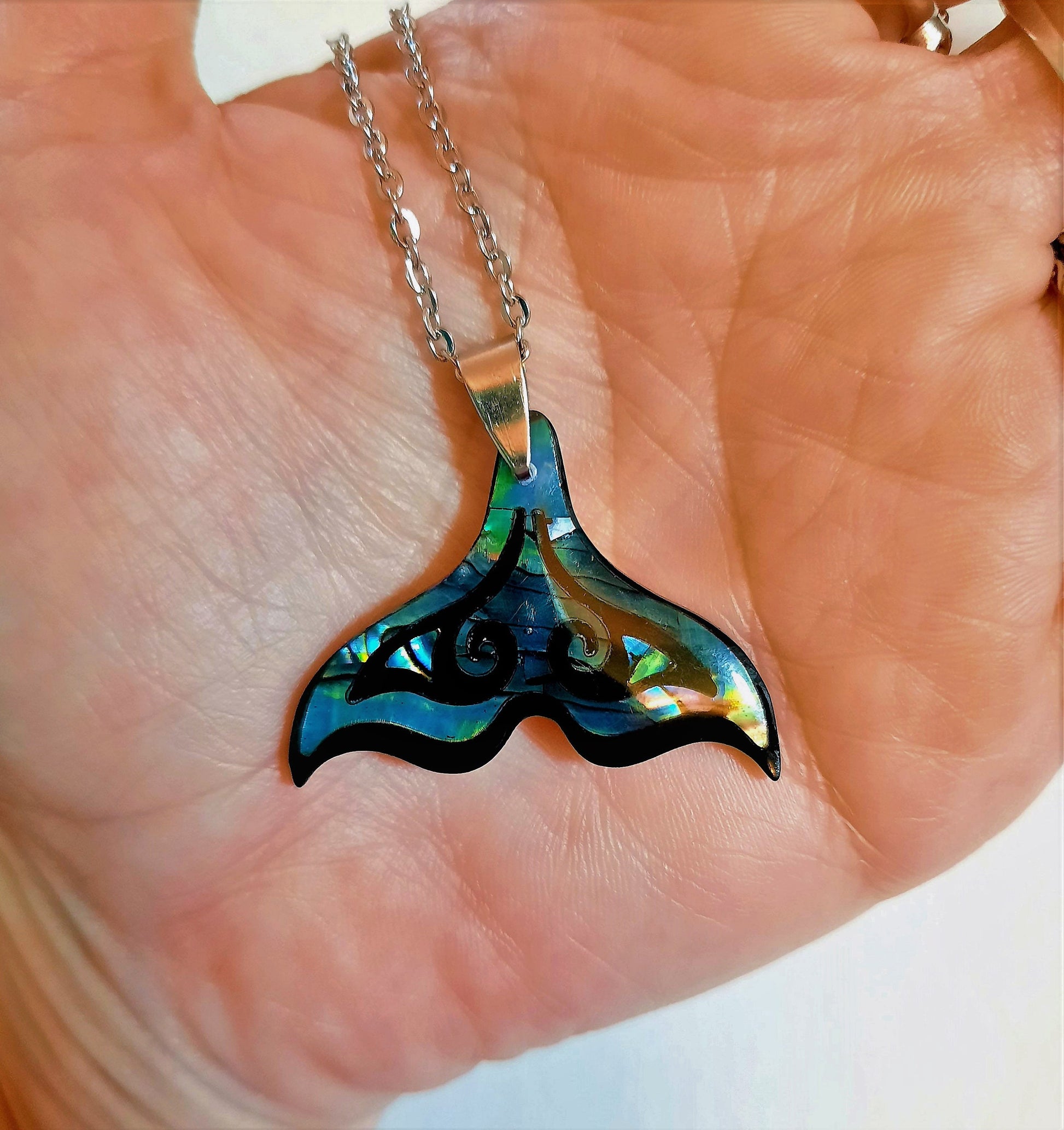 Abalone / Paua Seashell Mermaid Tail / Whale Tail Pendant Necklace - Stainless Steel - Hypoallergenic 18" Chain - Lobster Claw Closure