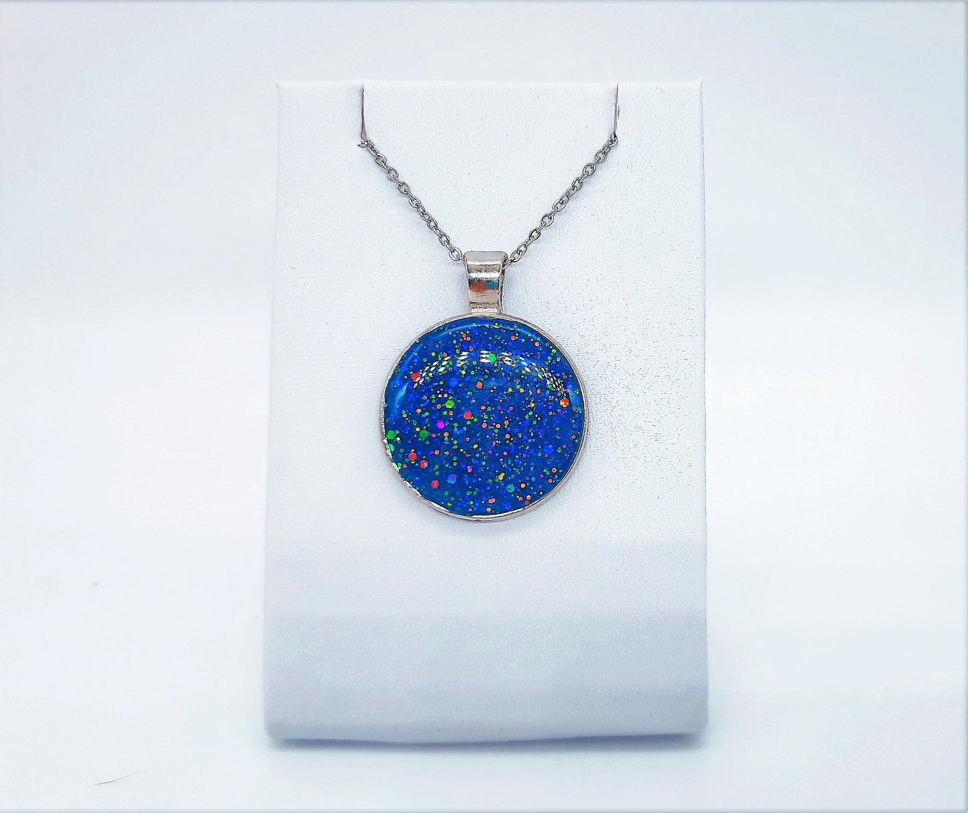 Blue Sparkle Resin Pendant Necklace/Made w/ Resin, Mica, Glitter, Glow-in-the-Dark Pigment, Hypoallergenic Stainless Steel