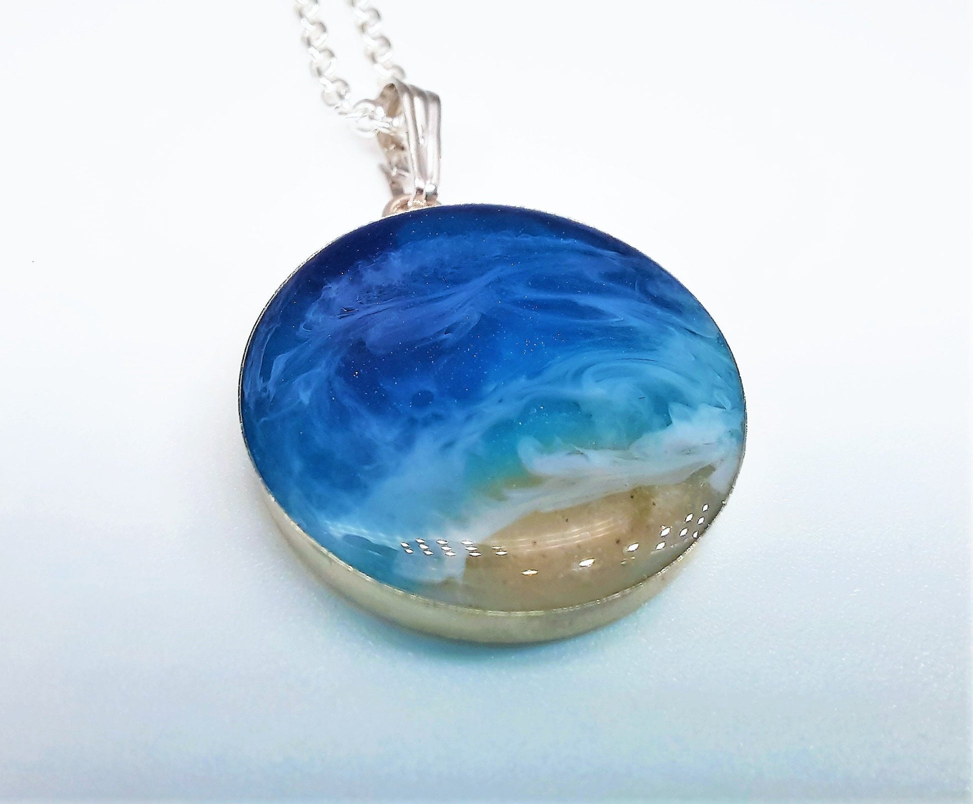 Handmade 925 Sterling Silver Resin Waves Ocean Pendant Necklace, Beach Scene, Made with Real Sand, Resin, and Mica - NOT A PHOTOGRAPH!