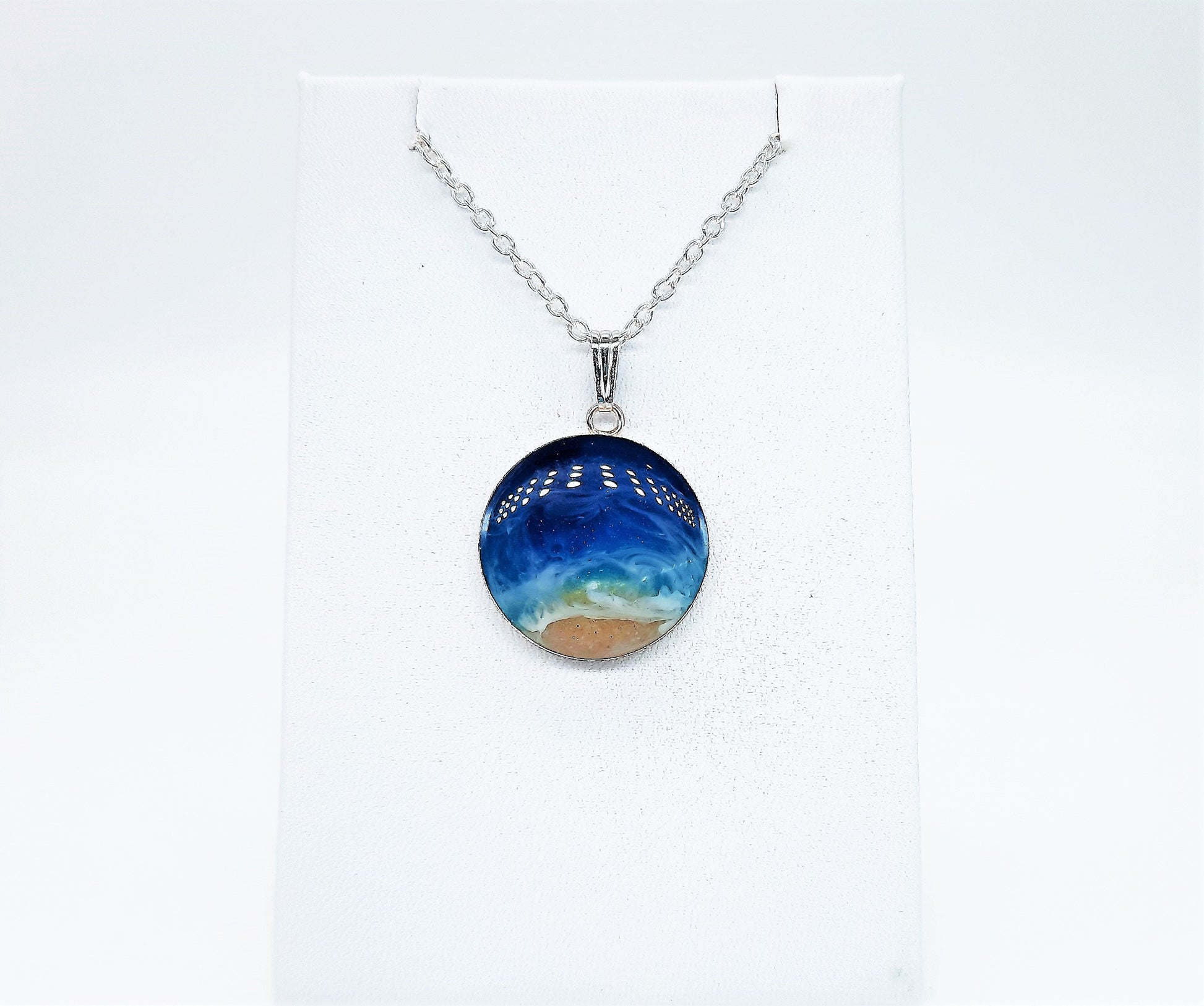 Handmade 925 Sterling Silver Resin Waves Ocean Pendant Necklace, Beach Scene, Made with Real Sand, Resin, and Mica - NOT A PHOTOGRAPH!