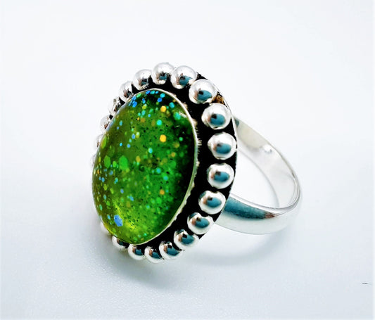 Handcrafted / Handmade Green Jewel Antiqued 925 Sterling Silver Ring, Made w/ Resin, Iridescent Glitter, Mica, & Holographic Powder
