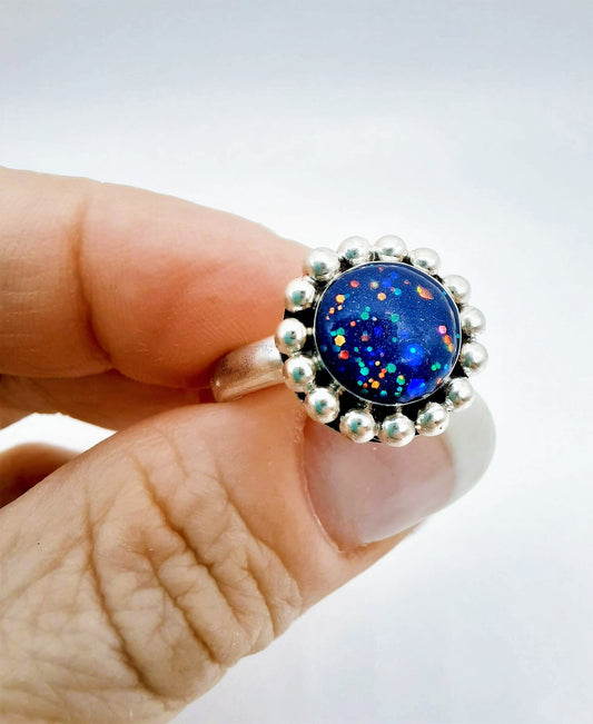 Handcrafted / Handmade Lapis (like) Antiqued 925 Sterling Silver Ring, Made w/ Dark Blue Resin, Iridescent Glitter, & Holographic Powder