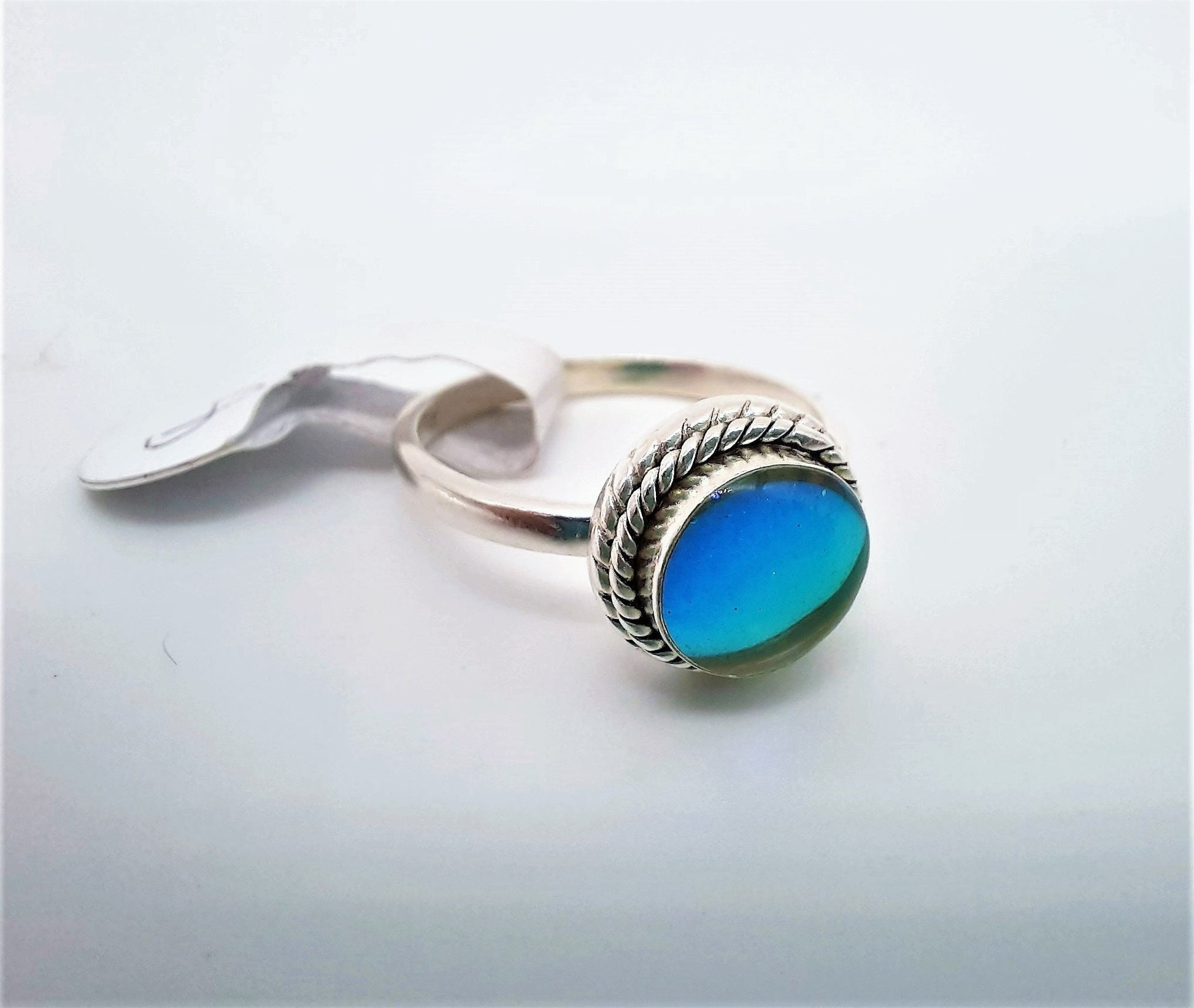 Handcrafted Double Spiral Rope Design 925 Sterling Silver Iridescent "Mirror Ball" Ring, Size 6, Sealed with Holographic Mica Infused Resin