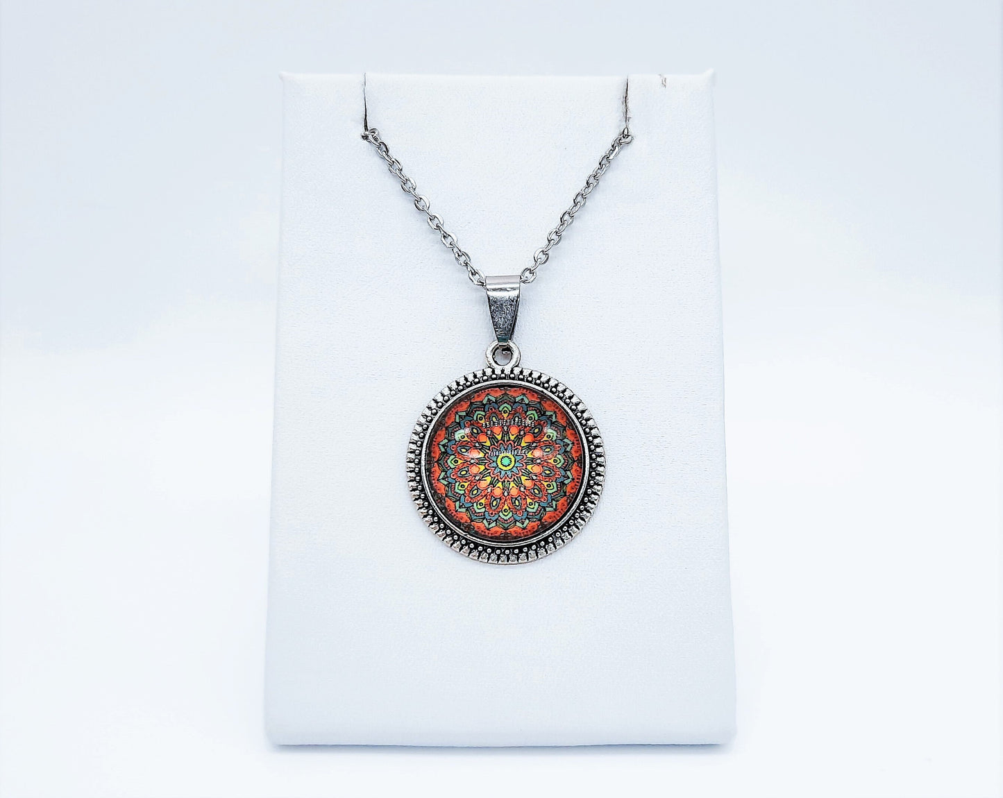 Handcrafted Red and Yellow Mandala Pattern Design - Glass Cabochon - Tibetan Style Stainless Steel Pendant Necklace - Hypoallergenic
