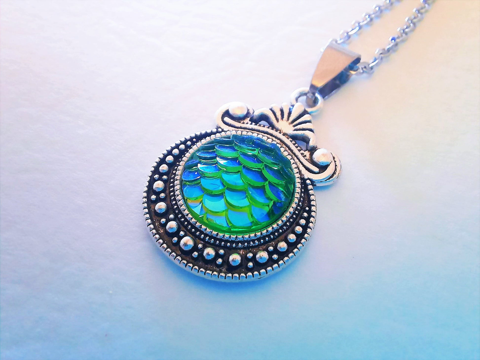 Iridescent Green Mermaid Scale / Dragon Scale / Fish Scale Pendant Necklace / Antique Tibetan Look / Made w/ Hypoallergenic Stainless Steel
