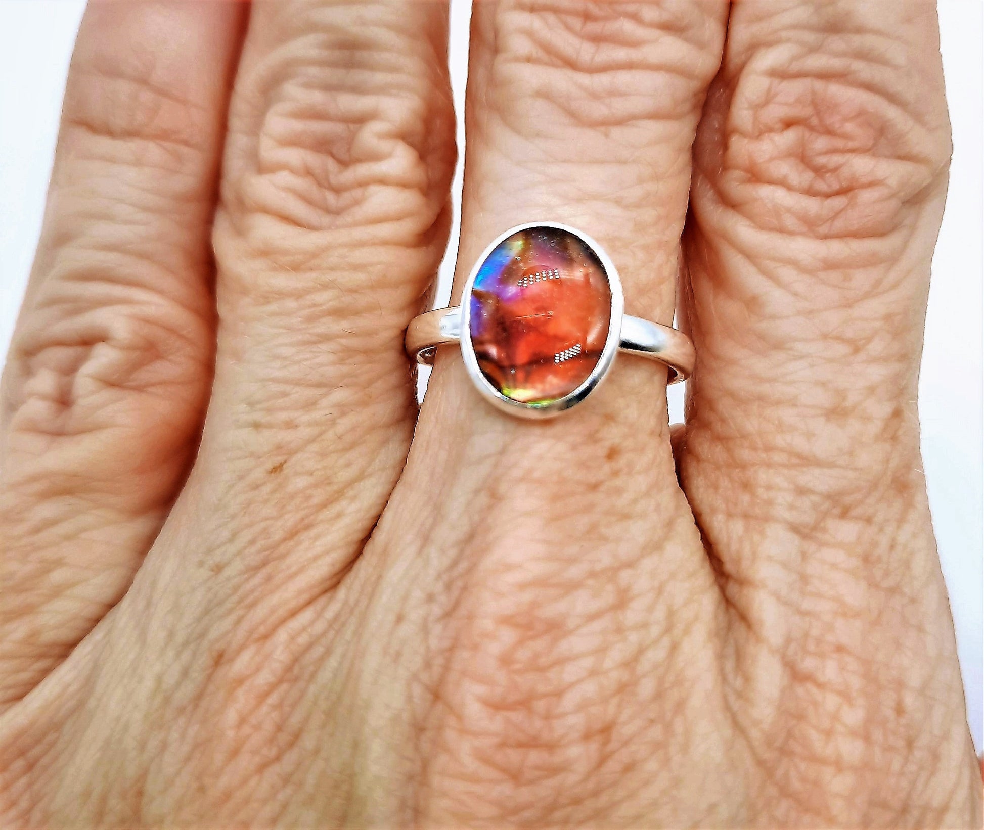 Handmade / Handcrafted 925 Sterling Silver Natural Pink Abalone / Paua Seashell Ring, Oval, Sealed with Holographic Mica Infused Resin