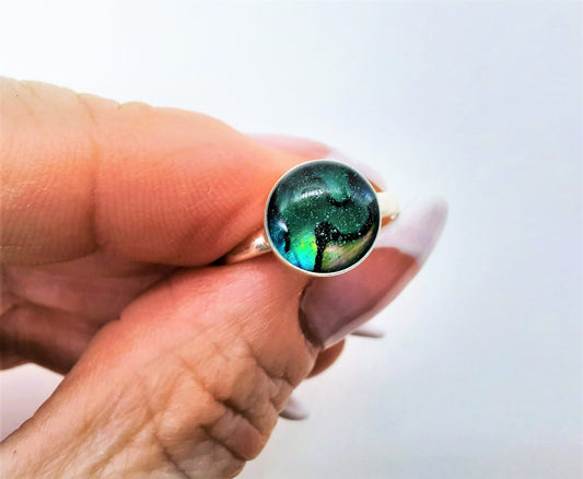 Handmade / Handcrafted 925 Sterling Silver Natural Abalone / Paua Seashell Ring, Sealed with Holographic Mica Infused Resin