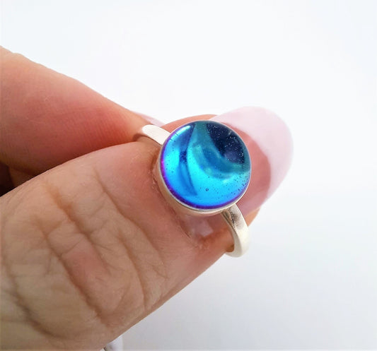 Handcrafted / Handmade 925 Sterling Silver Reflective Iridescent Blue Mirror Ball Ring, Size 6, Sealed with Holographic Mica Infused Resin