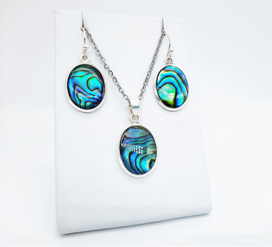 Handmade / Handcrafted 925 Sterling Silver Natural Abalone / Paua Seashell Necklace & Earring Set, Sealed w/ Holographic Mica Infused Resin