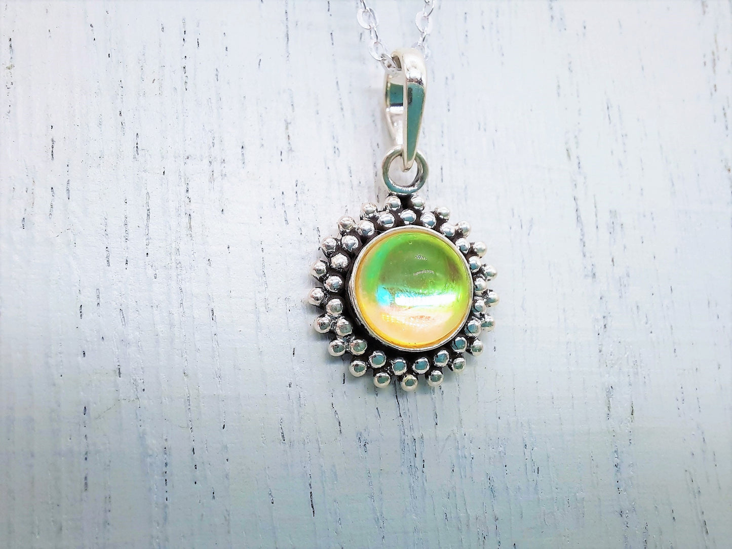 Antiqued Double Sunburst Design 925 Sterling Silver Pendant Necklace with 8mm Translucent Mirror Ball Yellow Glass Cabochon Setting