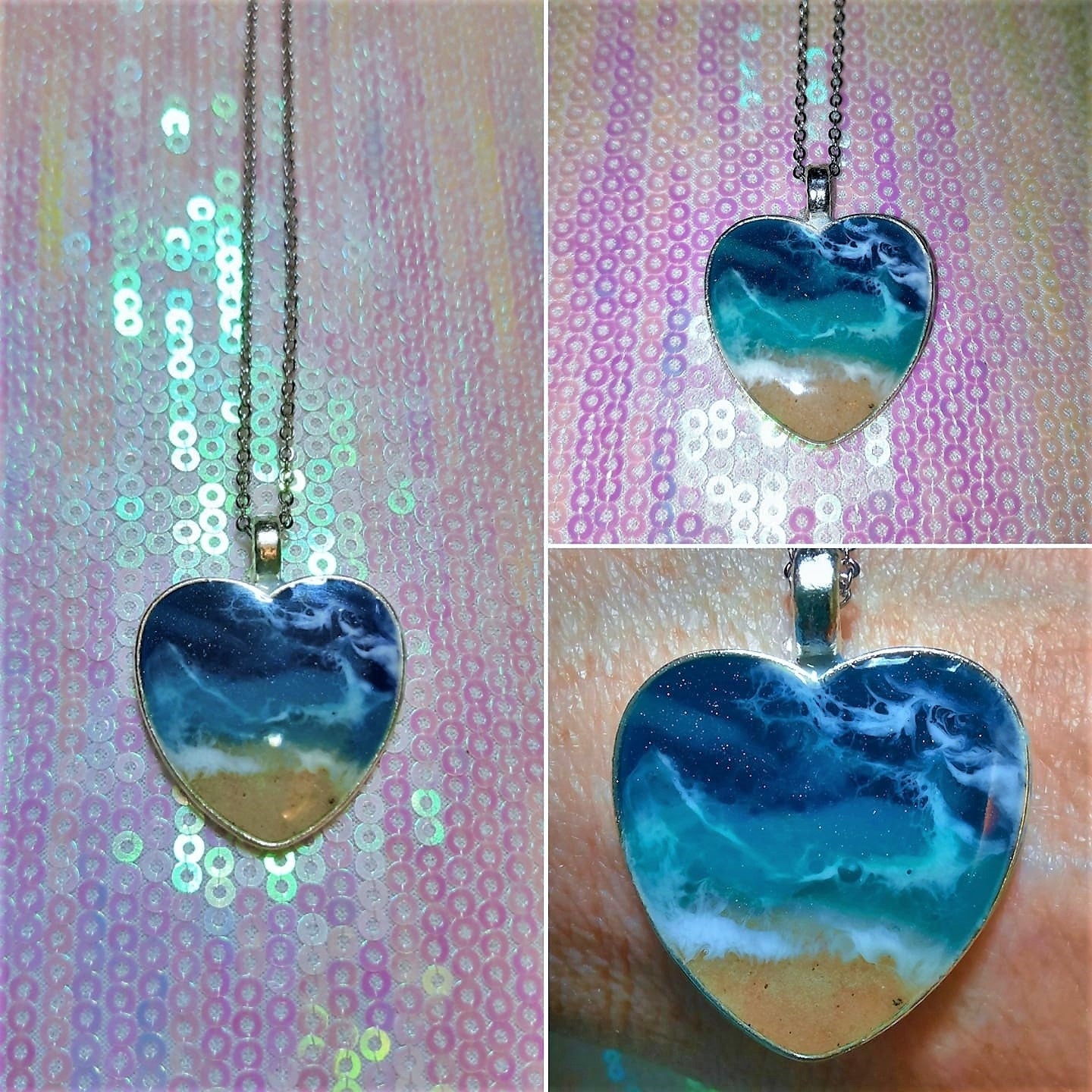 Heart Shaped Resin Waves / Ocean Pendant / Beach Scene Pendant Necklace Made with Resin and Real Sand - One of a Kind - Not a Photograph!