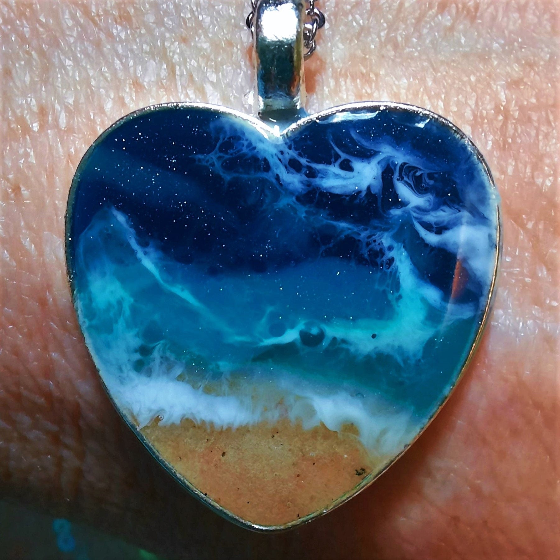 Heart Shaped Resin Waves / Ocean Pendant / Beach Scene Pendant Necklace Made with Resin and Real Sand - One of a Kind - Not a Photograph!