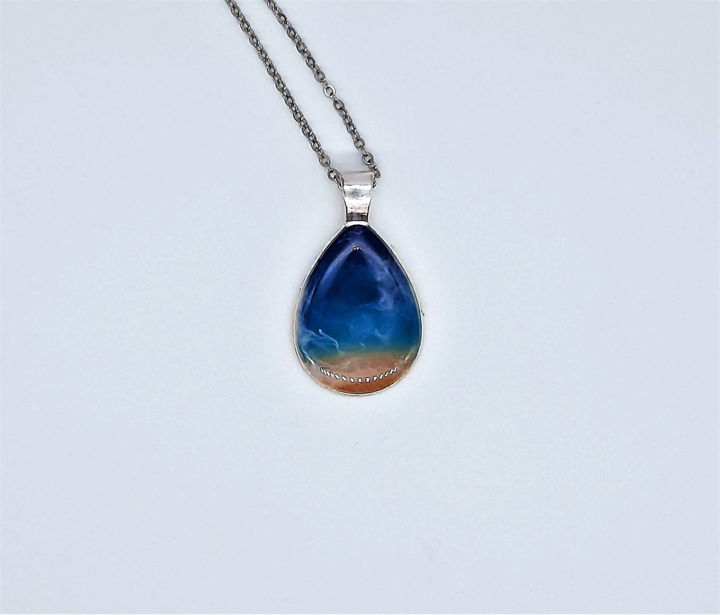 Resin Waves Teardrop Shaped Ocean Pendant / Beach Scene Necklace, Handmade with Resin and Real Sand - One of a Kind - Not a Photograph
