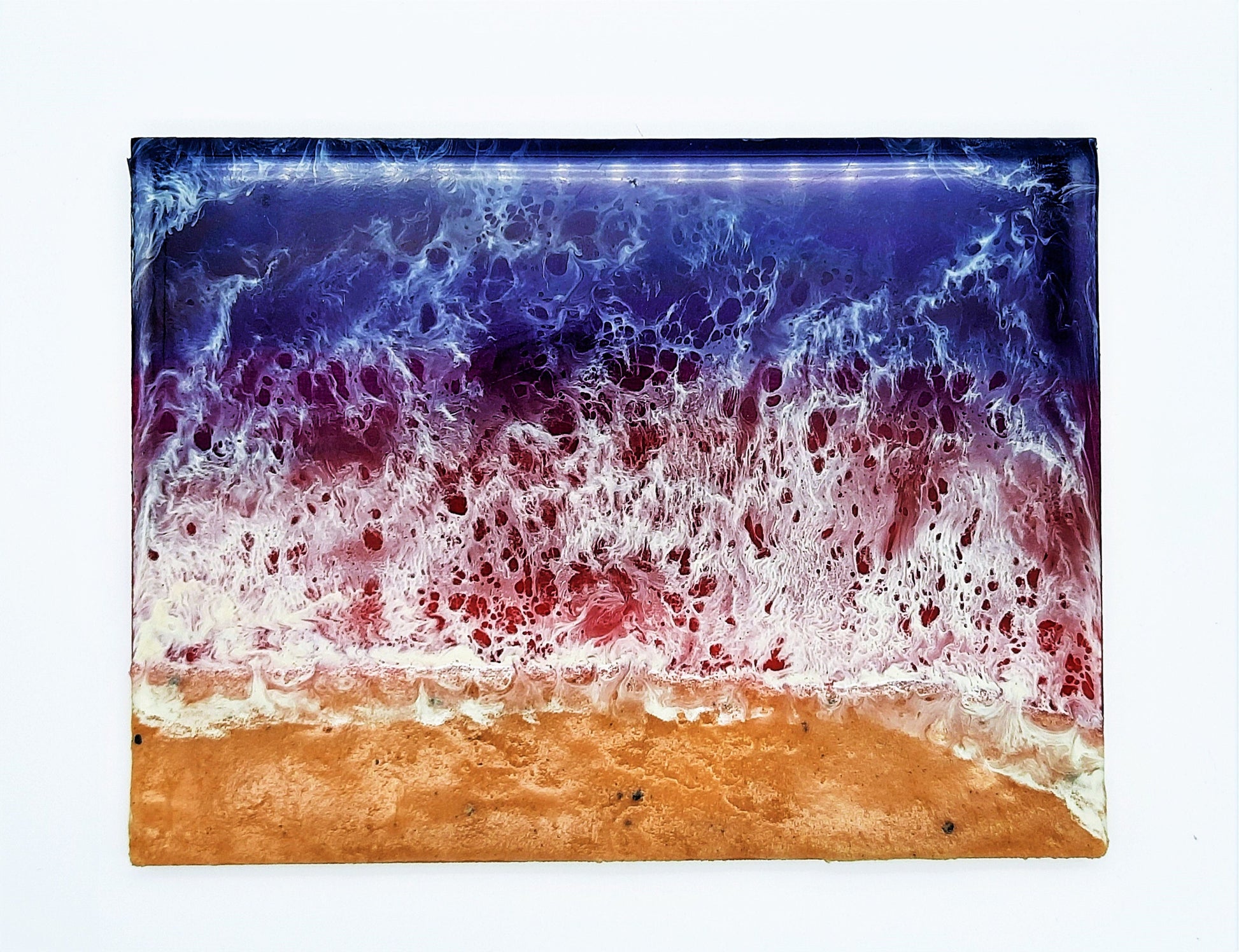 Handpainted Eco-Friendly Resin Seascape Coastal Beach Scene, Dark Purples & Pinks, Made w/ Sand, Mica Sparkle to it, Painted on 8" x 6" Wood