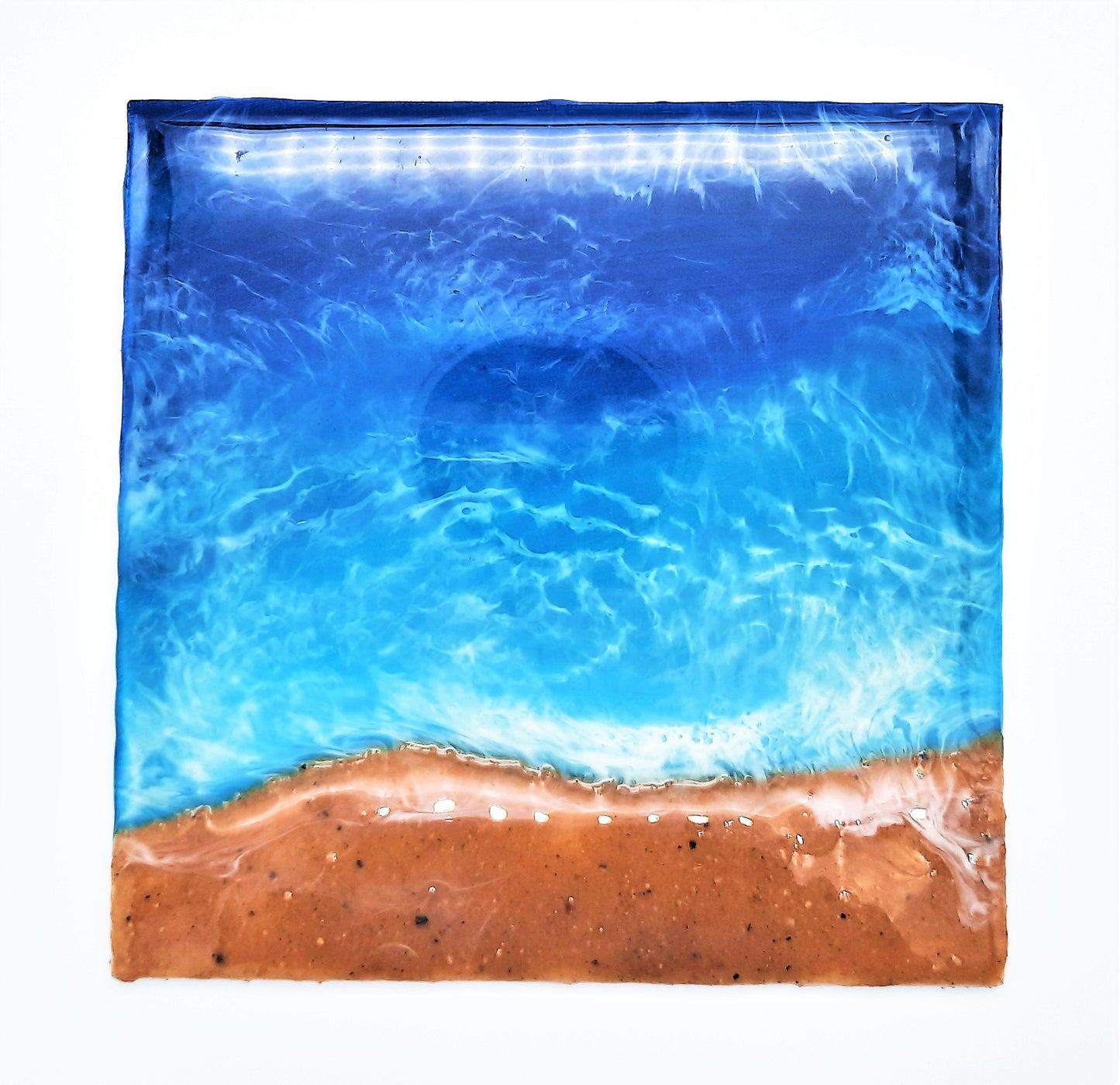 Handpainted Eco-Friendly Epoxy Resin Seascape Coastal Beach Scene, Shades of Blue, Made w/ Sand, Painted on 8" x 8" Canvas Board