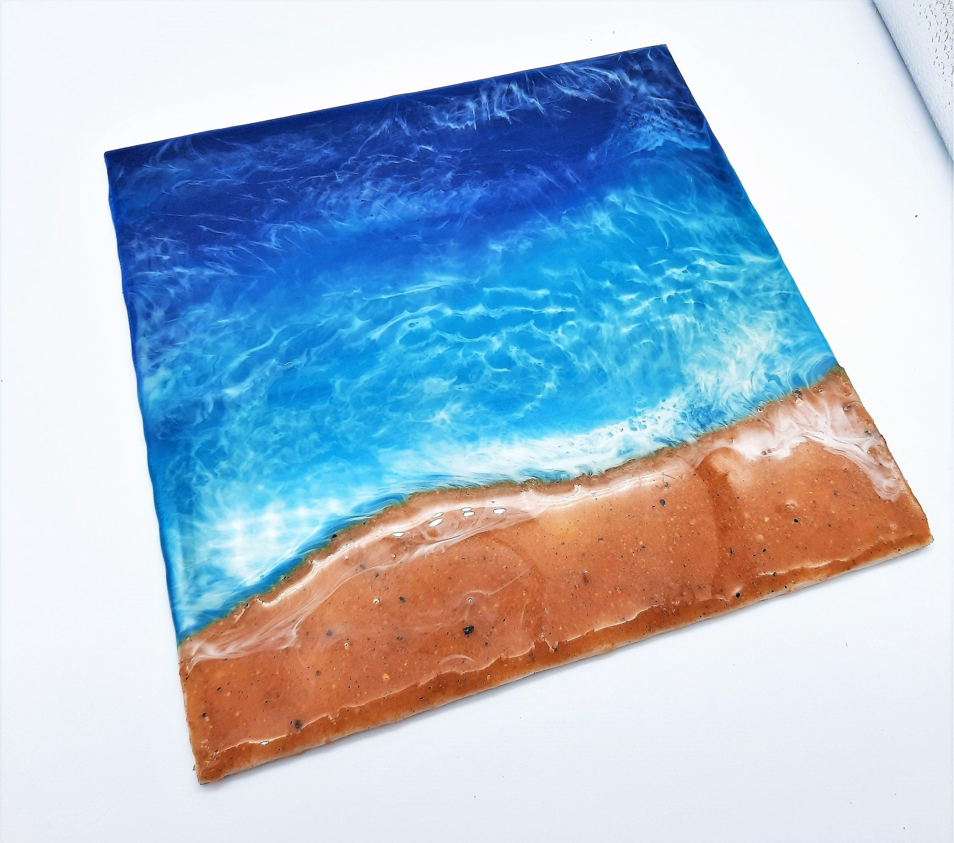 Handpainted Eco-Friendly Epoxy Resin Seascape Coastal Beach Scene, Shades of Blue, Made w/ Sand, Painted on 8" x 8" Canvas Board
